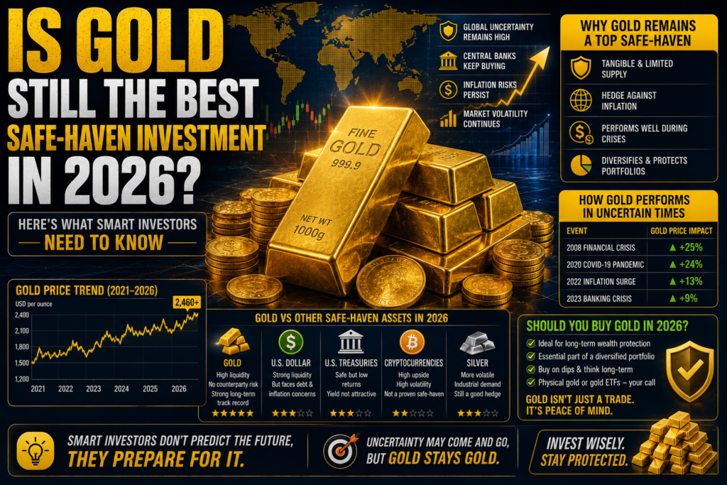 Gold bars and investment portfolio illustrating whether gold remains the best safe-haven investment in 2026.