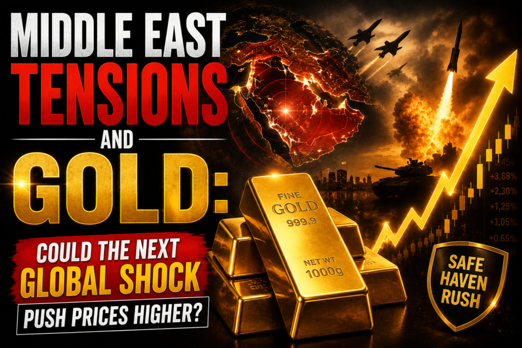Gold bars with an oil market chart and Middle East map illustrating how geopolitical tensions may influence global gold prices.