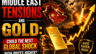 Gold bars with an oil market chart and Middle East map illustrating how geopolitical tensions may influence global gold prices.