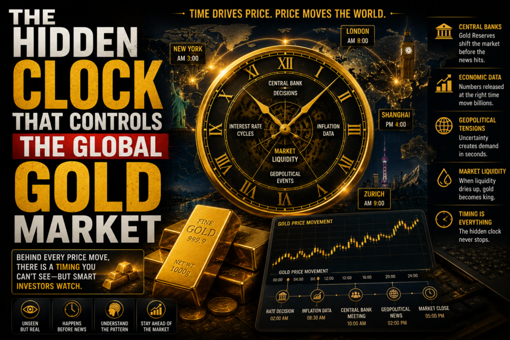 The Hidden Clock That Controls the Global Gold Market showing global trading sessions across London, New York, Shanghai, and Sydney influencing gold prices 24 hours a day