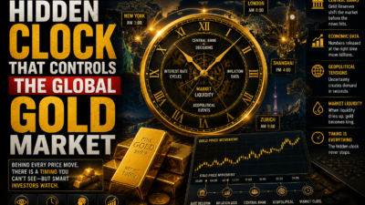 The Hidden Clock That Controls the Global Gold Market showing global trading sessions across London, New York, Shanghai, and Sydney influencing gold prices 24 hours a day
