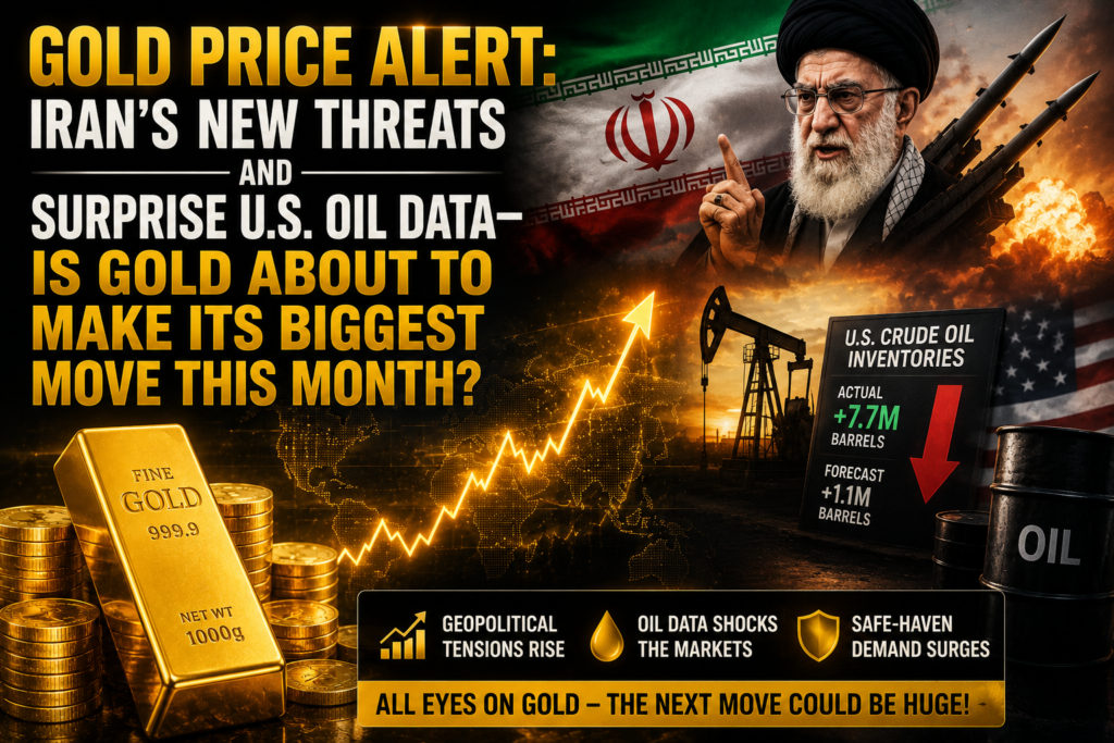 Gold bars with Middle East map, oil barrels, and financial charts illustrating the potential impact of Iran warnings and U.S. crude oil inventory data on gold prices.