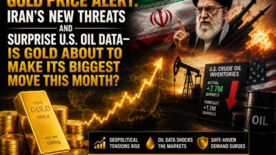 Gold bars with Middle East map, oil barrels, and financial charts illustrating the potential impact of Iran warnings and U.S. crude oil inventory data on gold prices.