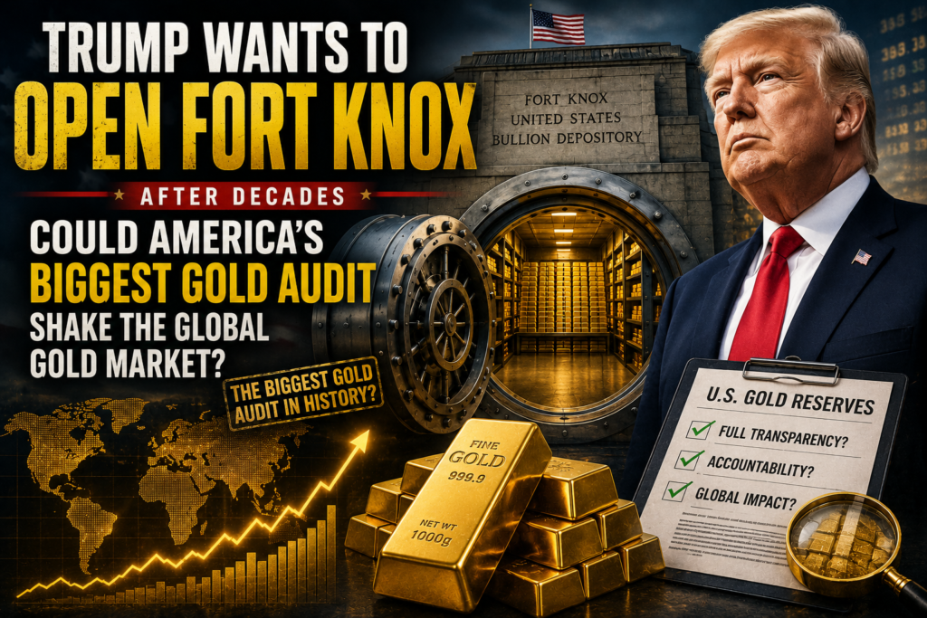 Fort Knox gold vault in Kentucky with stacked gold bars and U.S. flag illustrating renewed interest in America's official gold reserves.