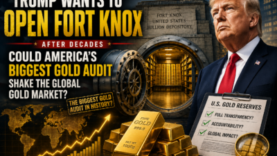 Fort Knox gold vault in Kentucky with stacked gold bars and U.S. flag illustrating renewed interest in America's official gold reserves.