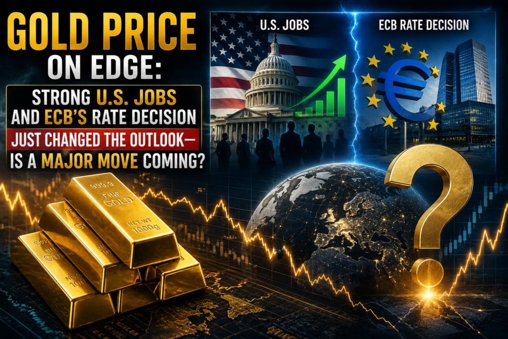Gold bars with U.S. dollar, euro symbols, central bank graphics, and financial charts illustrating the impact of strong U.S. jobs data and the ECB interest-rate decision on gold prices.