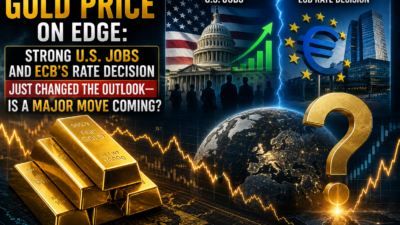 Gold bars with U.S. dollar, euro symbols, central bank graphics, and financial charts illustrating the impact of strong U.S. jobs data and the ECB interest-rate decision on gold prices.