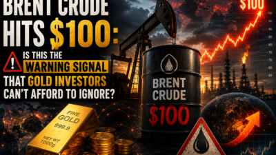 Gold bars alongside an oil barrel and financial market charts illustrating the relationship between rising crude oil prices and the global gold market.