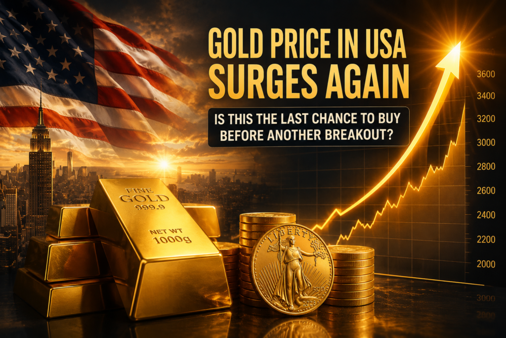 Gold bars, U.S. dollar, American flag, and stock market chart illustrating rising gold prices in the United States.