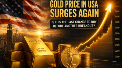 Gold bars, U.S. dollar, American flag, and stock market chart illustrating rising gold prices in the United States.