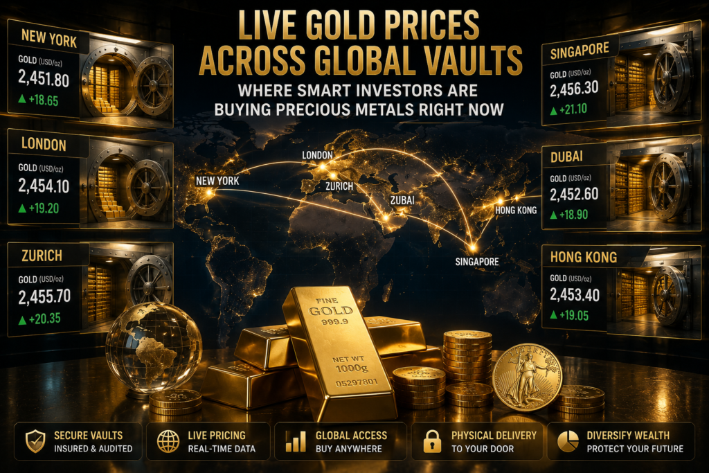 Gold bars, silver coins, platinum and palladium ingots with world map highlighting Zurich, London, New York, Toronto, and Singapore vaults.