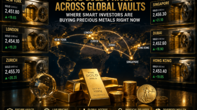 Gold bars, silver coins, platinum and palladium ingots with world map highlighting Zurich, London, New York, Toronto, and Singapore vaults.