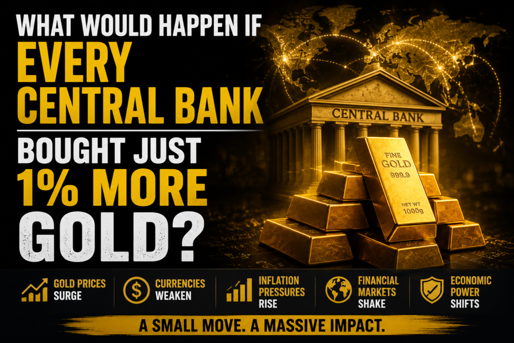 Gold bars, central bank buildings, world map, and reserve charts illustrating the potential impact of increased official gold purchases.