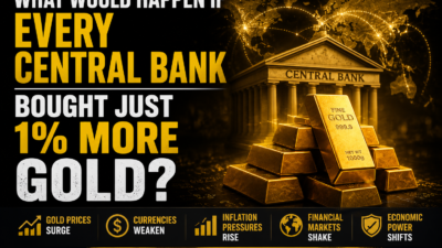 Gold bars, central bank buildings, world map, and reserve charts illustrating the potential impact of increased official gold purchases.