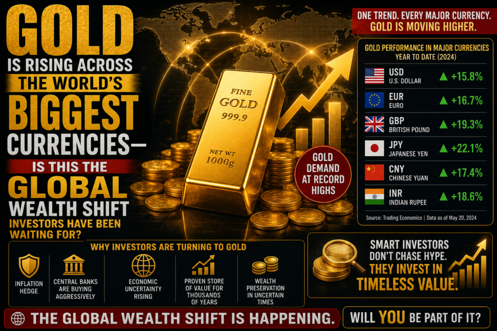 Global gold prices rising across major currencies including USD, EUR, GBP, CHF, AUD, CAD, CNY, INR and JPY as investors monitor worldwide market trends.