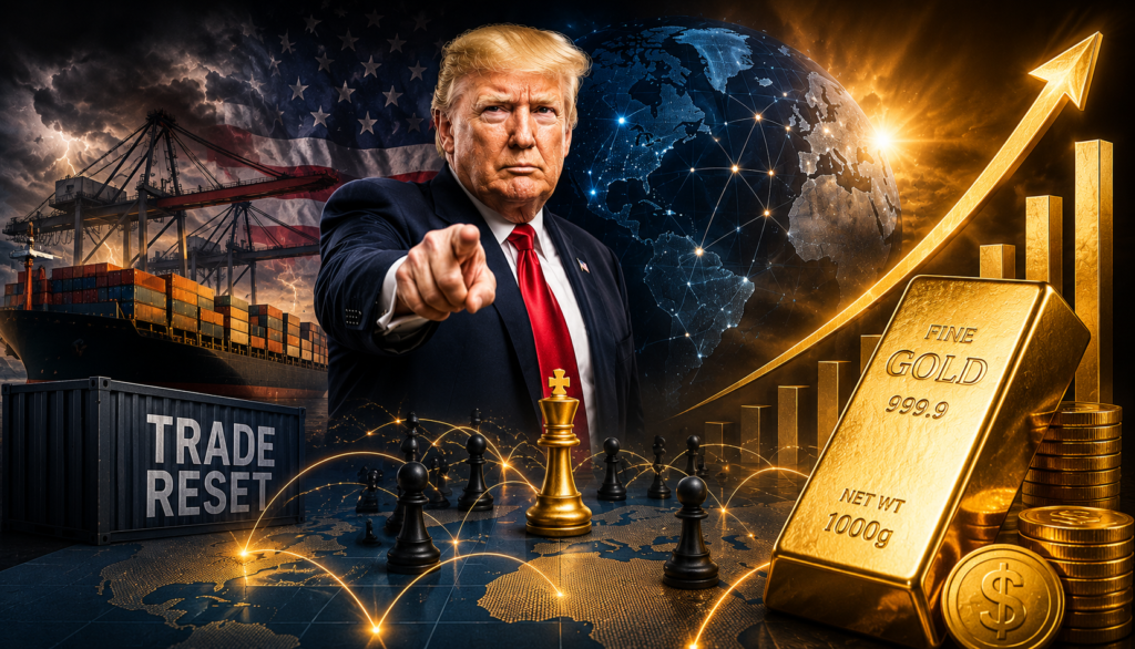 Donald Trump trade policy announcement with rising gold bars, global trade routes, US and EU flags, and live gold price chart showing safe-haven demand amid global market uncertainty.