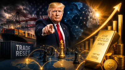 Donald Trump trade policy announcement with rising gold bars, global trade routes, US and EU flags, and live gold price chart showing safe-haven demand amid global market uncertainty.