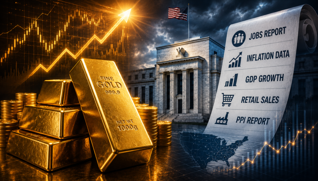 Gold price forecast this week showing the Federal Reserve, U.S. GDP, Core PCE inflation, employment data, and global economic calendar events influencing the gold market.