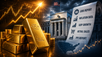 Gold price forecast this week showing the Federal Reserve, U.S. GDP, Core PCE inflation, employment data, and global economic calendar events influencing the gold market.