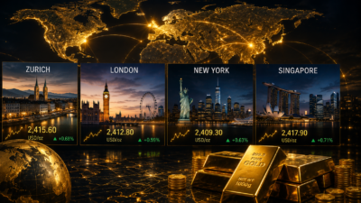 Live gold prices across Zurich, London, New York, Toronto and Singapore vaults showing global bullion trading, physical gold demand, and precious metals market analysis.