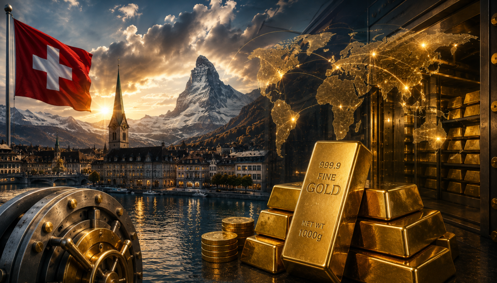Swiss gold price today above CHF 107 per gram with Swiss Franc, gold bars, PAMP Suisse refinery, secure vaults, and Switzerland safe-haven investment analysis.