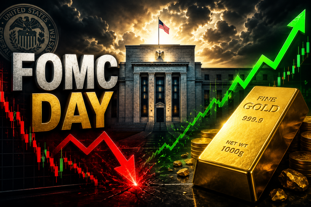 Gold bars with Federal Reserve building, FOMC meeting, Jerome Powell, U.S. Dollar, Treasury yields and live gold price chart showing potential breakout after interest rate decision.