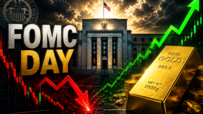 Gold bars with Federal Reserve building, FOMC meeting, Jerome Powell, U.S. Dollar, Treasury yields and live gold price chart showing potential breakout after interest rate decision.