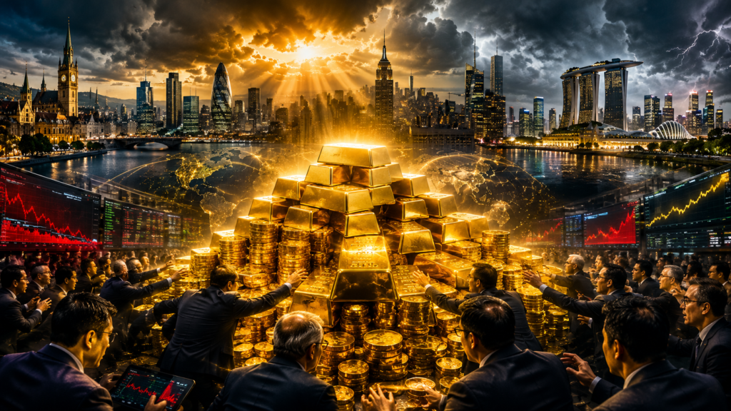 Gold bars inside secure vaults in Zurich, London, New York, Toronto, and Singapore with live bullion prices and global investment market charts.