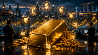 Gold bars with world currency symbols including USD, EUR, GBP, CHF, AUD, CAD, CNY, INR, and JPY alongside a rising global gold price chart.