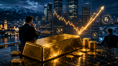 Gold bars with Swiss Franc currency symbols, a live CHF gold price chart showing CHF 105.96 per gram, and financial market graphics.