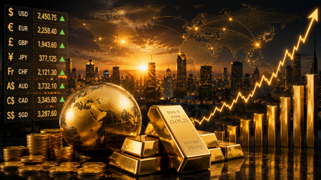 Gold prices across USD EUR GBP CHF AUD CAD CNY INR and JPY